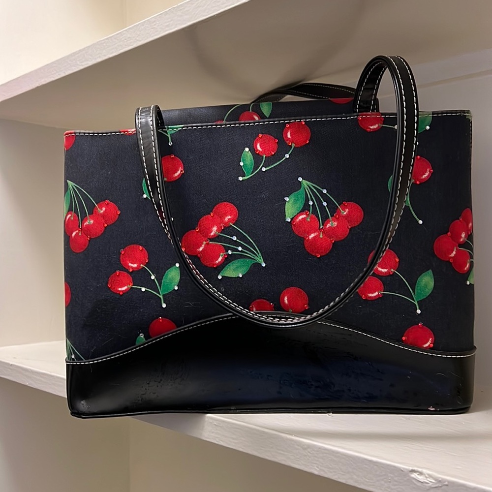 Vintage cherry black retro hand bag satchel purse